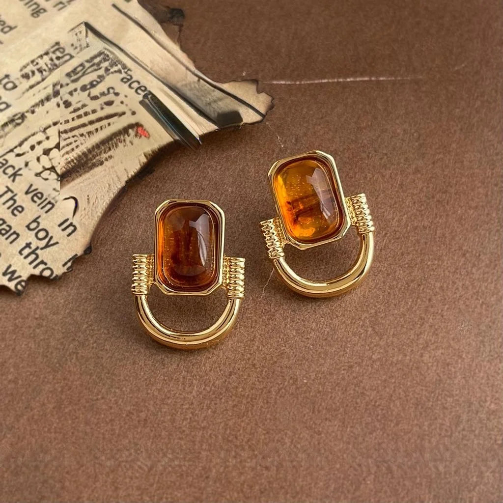 2025 Maillard Style Geometric Quadrilateral Copper Resin Drop Earrings