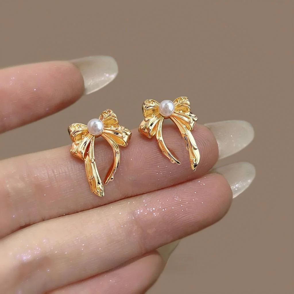 Elegant Copper Pearl Bow Stud Earrings, Sweet Minimalist Designer Office Jewelry
