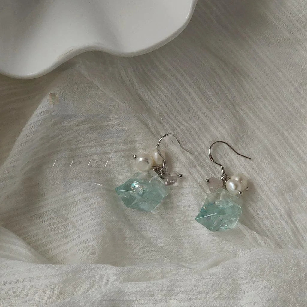 Ice Blue Ocean Acrylic Freshwater Pearl Geometric Drop Earrings, Silver Plated Pin Handmade Style