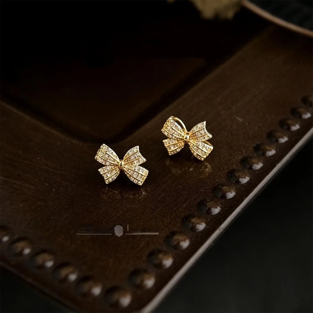 Light Luxury Micro Pave Zircon Bow Stud Earrings Eco-Friendly Copper Cute Minimalist Jewelry