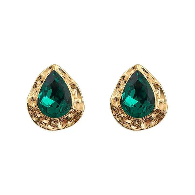 Court Style Teardrop Glass Crystal Stud Earrings Hammered Copper Vintage Luxury Jewelry