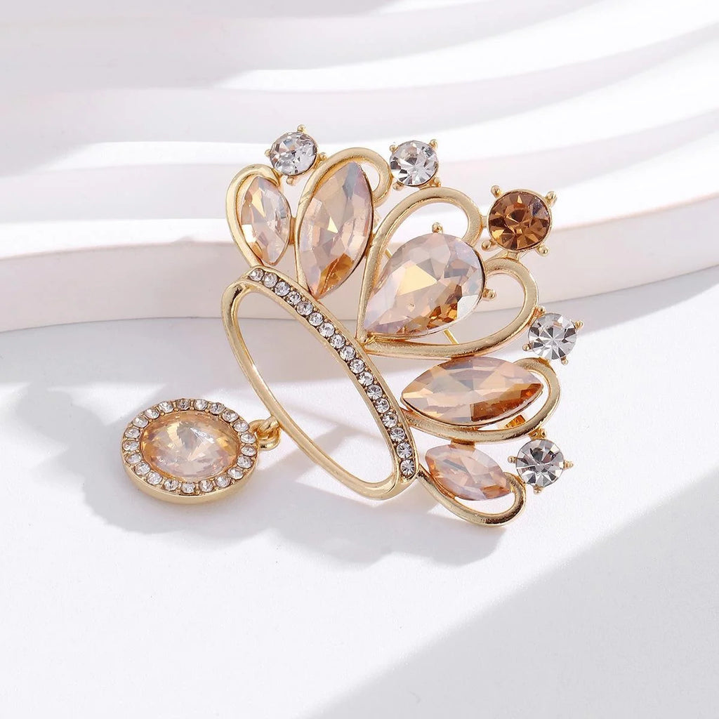 Luxury Crown Brooch With Champagne Rhinestone Pendant, Elegant Lapel Pin Corsage Suit Accessory Gift