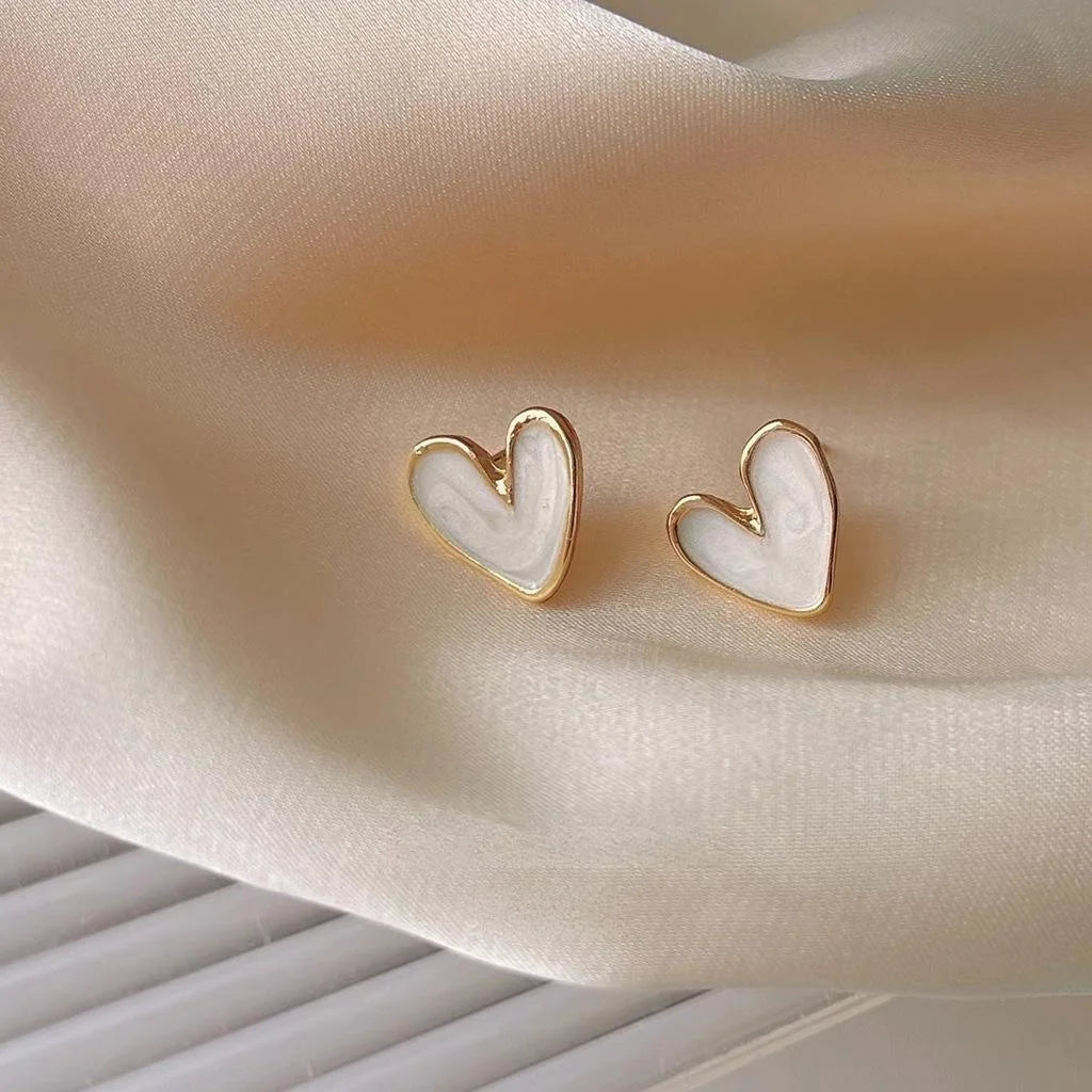 14K Plated Copper White Enamel Heart Stud Earrings Minimalist Summer Jewelry