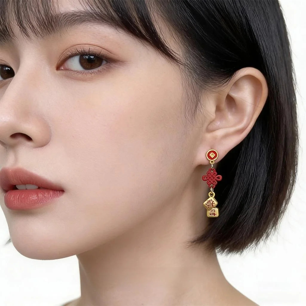Chinese Style Geometric Copper Enamel Horse Year Knot Drop Earrings