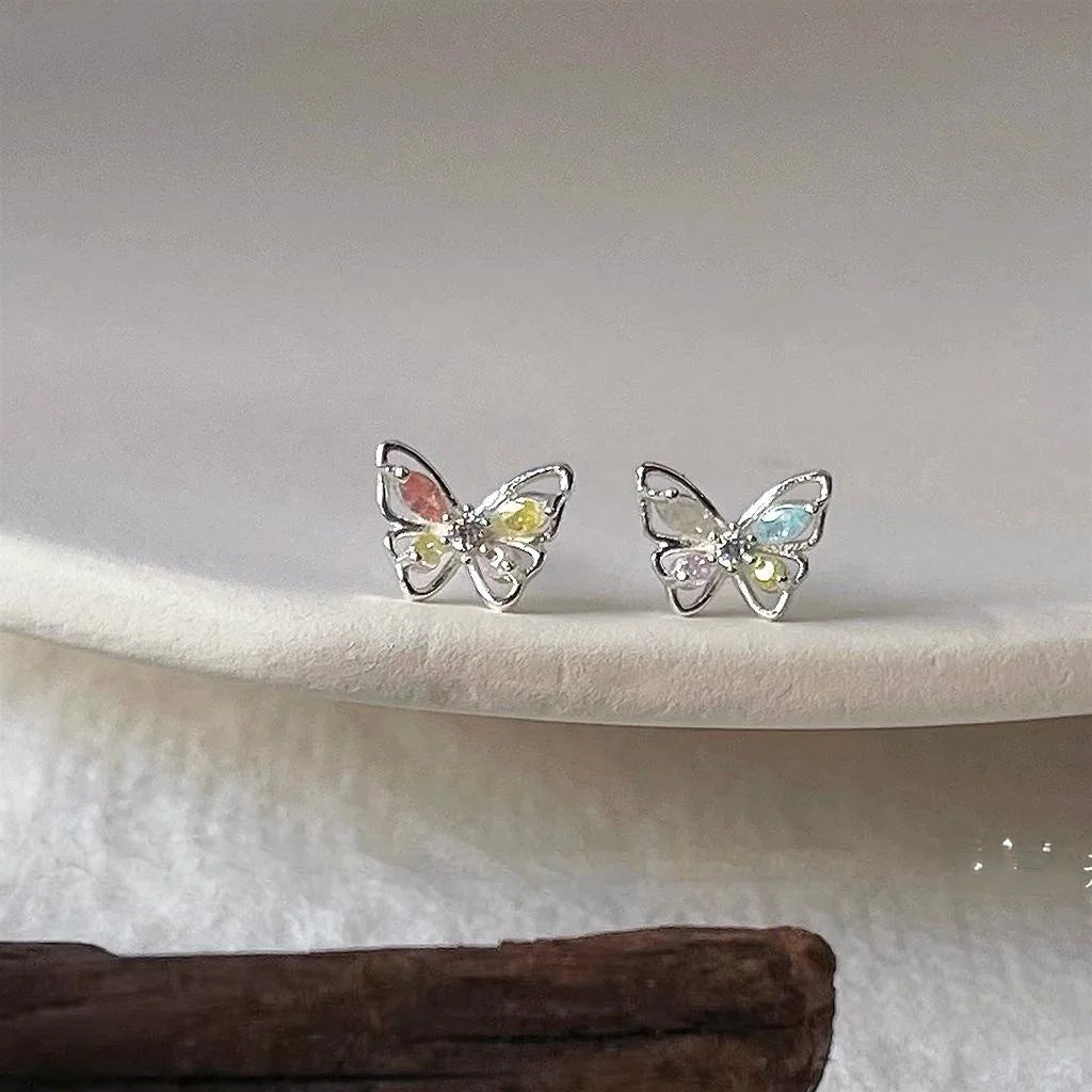 Mini Butterfly Stud Earrings Silver Plated Copper Micro Pave Colorful Zircon Korean Style