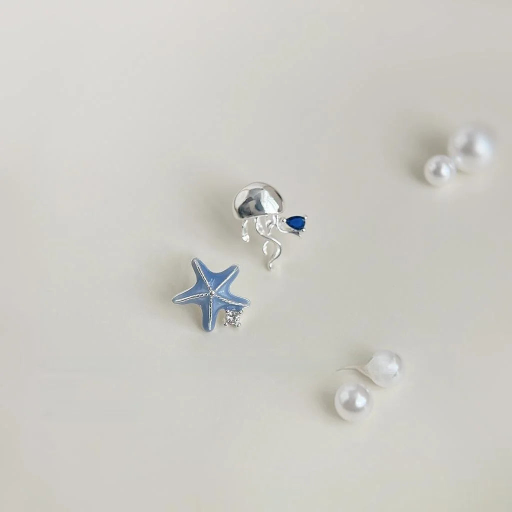 Designer Asymmetric Silver Starfish And Jellyfish Copper Stud Earrings For Women Sweet Cool Style