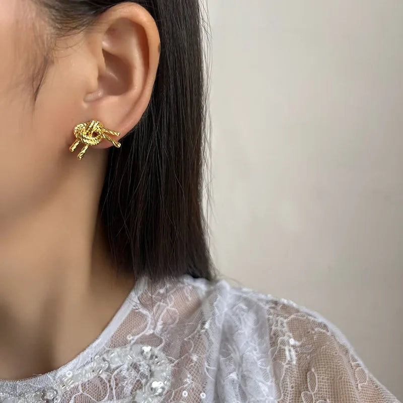 French Vintage Gold Alloy Twisted Rope Knot Stud & Clip On No Piercing Elegant Statement Earrings