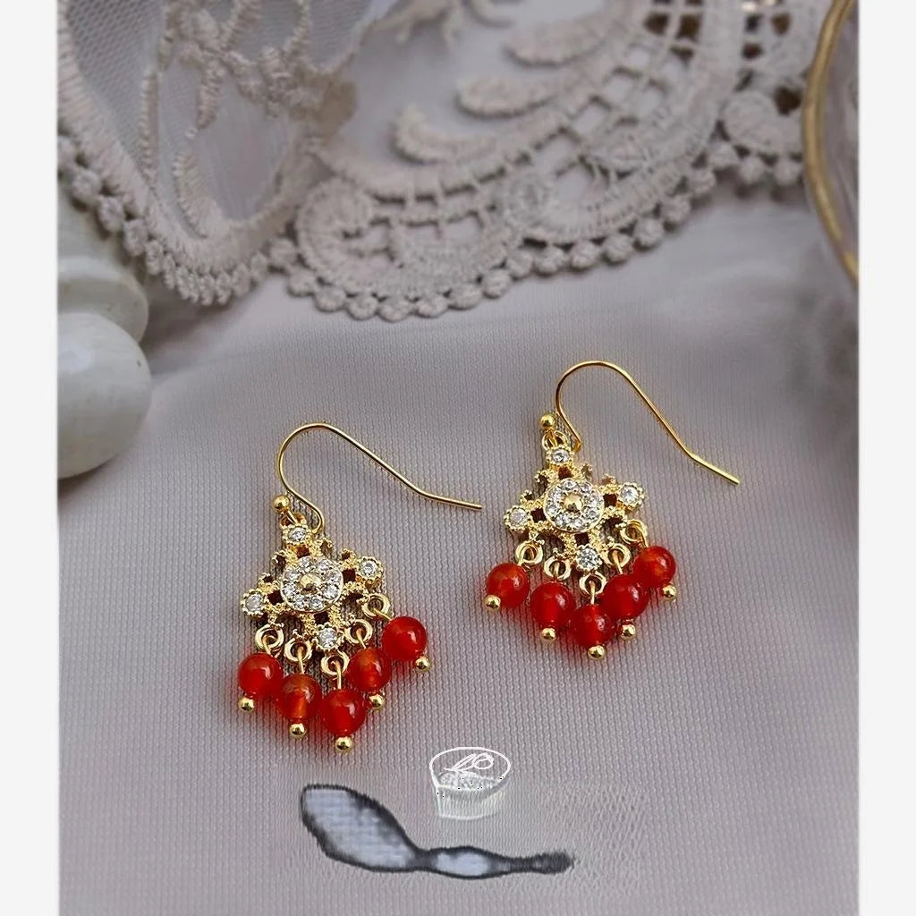 Vintage Ethnic New Chinese Red Agate Micro Pave Zircon Tassel Drop Earrings Geometric Ring Design