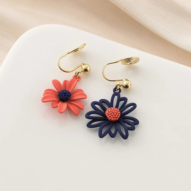 Asymmetric Enamel Daisy Flower Alloy Stud & Clip On No Piercing Sweet Dangle Drop Earrings
