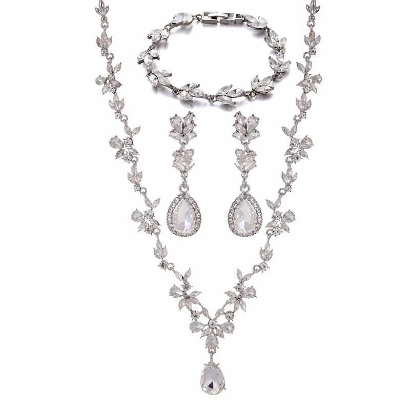 Luxury Rhinestone Water Drop Bridal Jewelry Set With Necklace Bracelet Earrings For Wedding Party