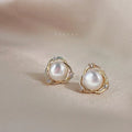 Freshwater Pearl Micro Pave Zircon 14K Plated Geometric Circle Cross Stud Earrings