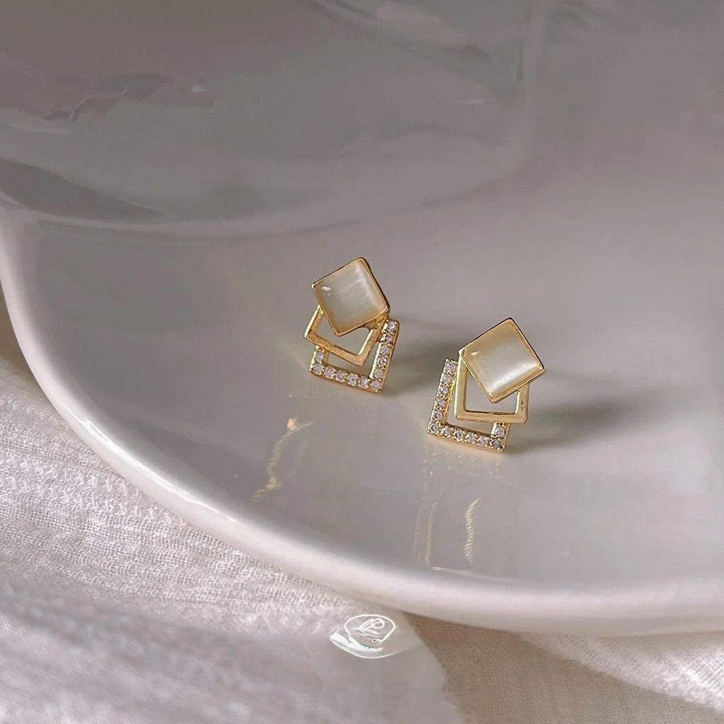 14K Gold Plated Copper Geometric Square Glass Cat Eye Zircon Stud Earrings For Women