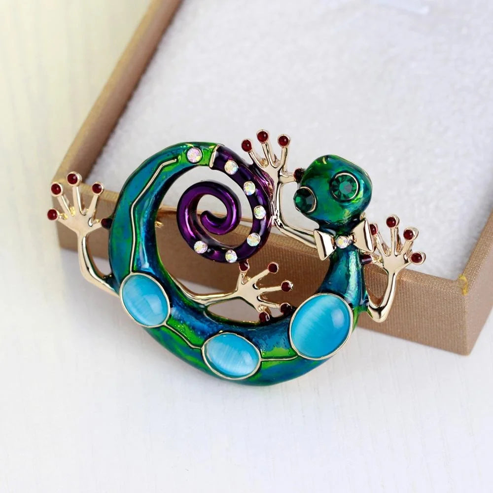 Luxury Enamel Gecko Lizard Brooch With Rhinestones, Alloy Animal Lapel Pin Corsage Suit Accessory Gift
