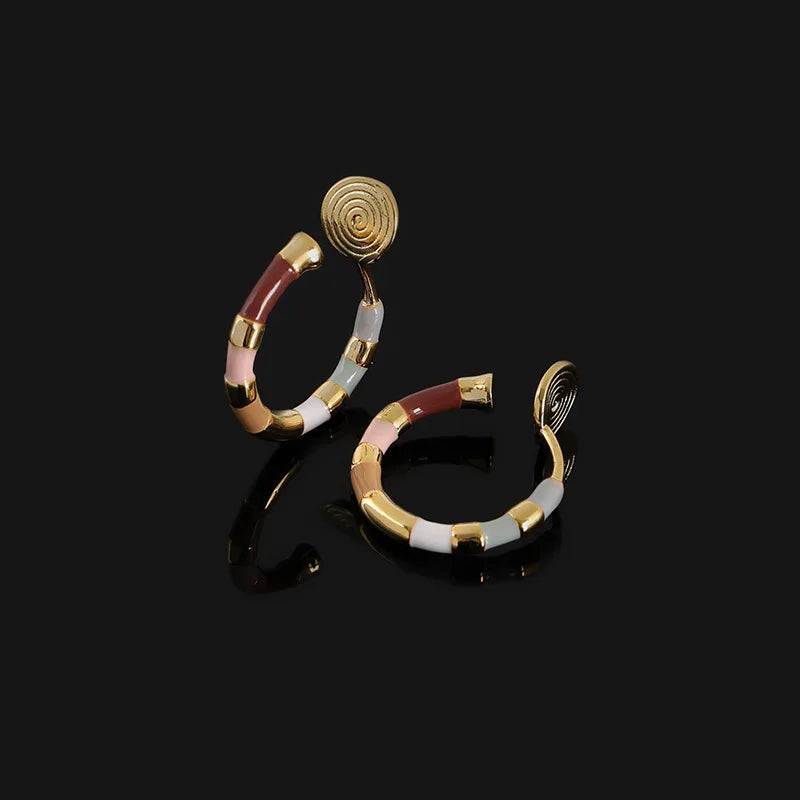 Colorblock Enamel Spiral Disc Hoop Alloy Stud & Clip On No Piercing Dopamine Statement Earrings