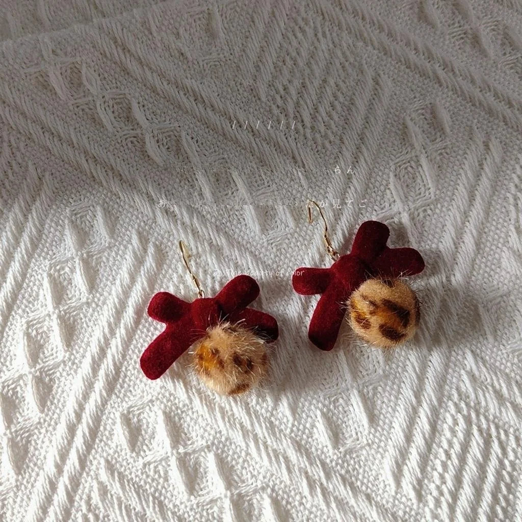 Burgundy Flocked Bow Drop Earrings With Silver Plated Posts Simple Korean Style Pom Pom Jewelry