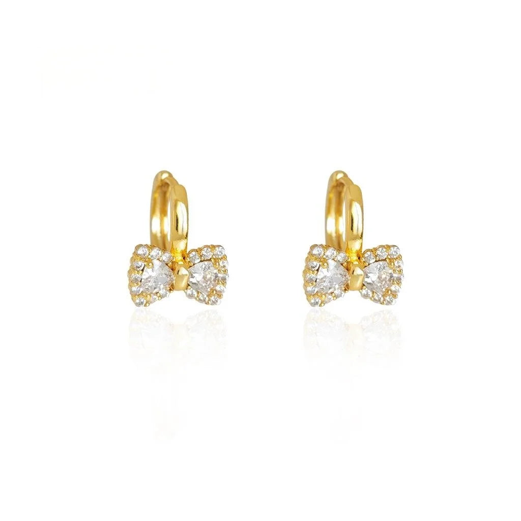 Upgraded Thick Real Gold Plated Micro Pave Zircon Bow Drop Earrings Light Luxury Style
