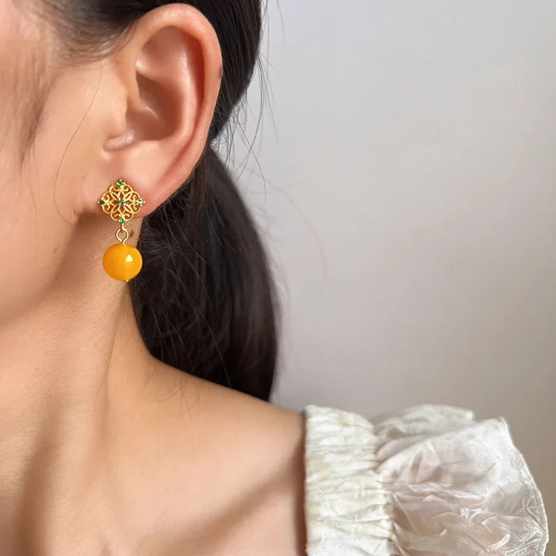Vintage Gold Alloy Filigree Spiral Yellow Agate Bead Drop Stud & Clip On No Piercing Earrings