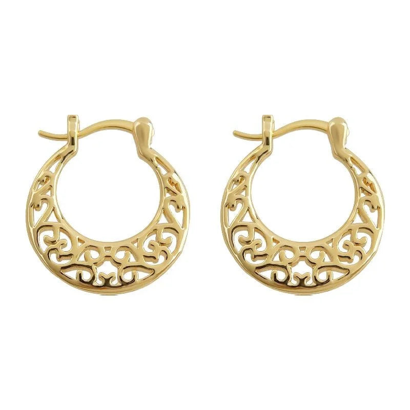 Vintage Copper Hollow Floral Geometric Stud Earrings French Court Light Luxury Jewelry