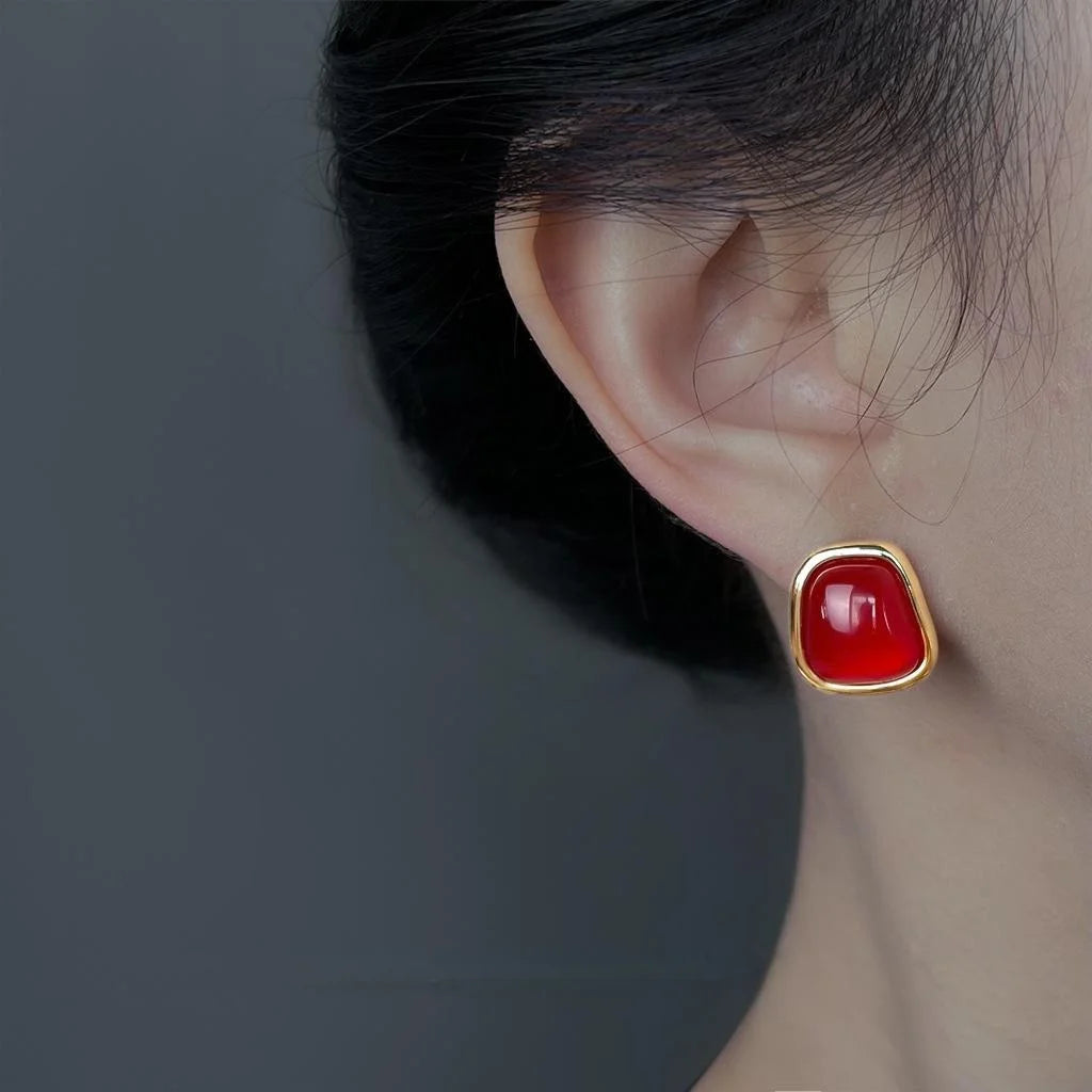 14K Gold Plated Copper Burgundy Geometric Stud Earrings French Vintage Jewelry