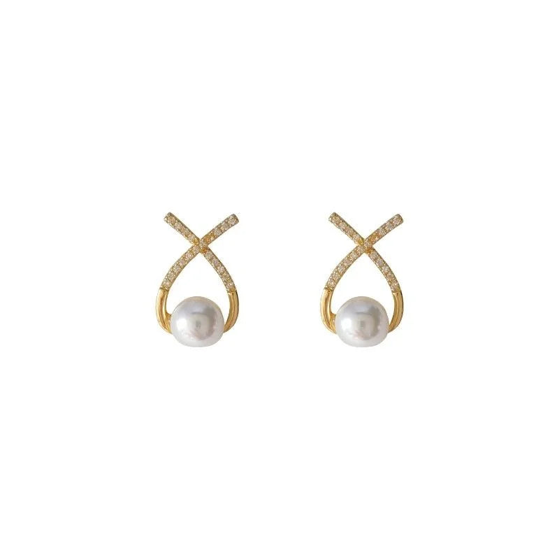 French Vintage Geometric Cross Pearl Stud Earrings With Micro Pave Zircon Copper Jewelry