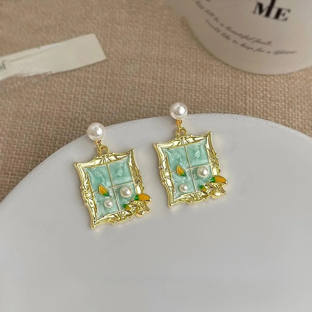Monet Garden Fresh Sweet Summer Vacation Copper Enamel Geometric Drop Earrings