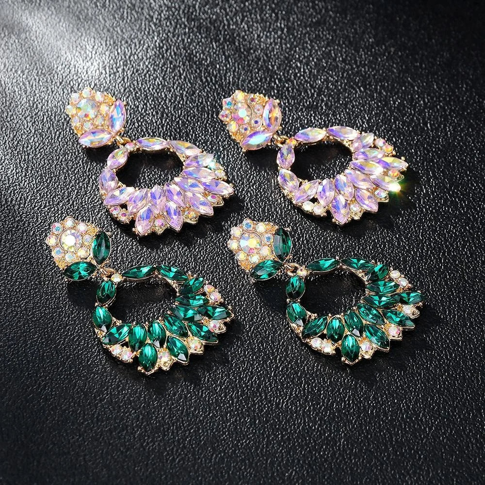 Vintage Geometric Hollow Round Drop Earrings With Green Glass Crystal Rhinestones Alloy For Wedding Party