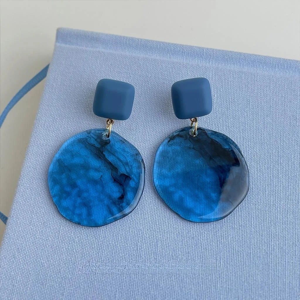 Vintage Glacier Blue Cloud Mist Semi Transparent Resin Oval Drop Earrings With Silver Plated Pins