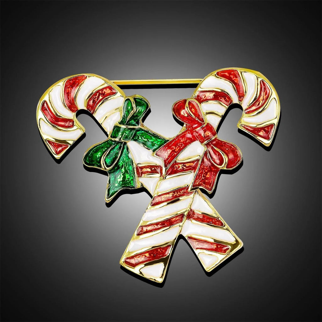Cute Christmas Candy Cane Enamel Brooch With Red Green Bows, Gold Tone Alloy Lapel Pin Corsage Gift