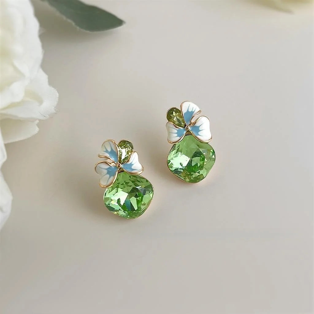 Fresh Sweet Fruit Green Glass Crystal Enamel Flower Stud Earrings With Silver Plated Pins