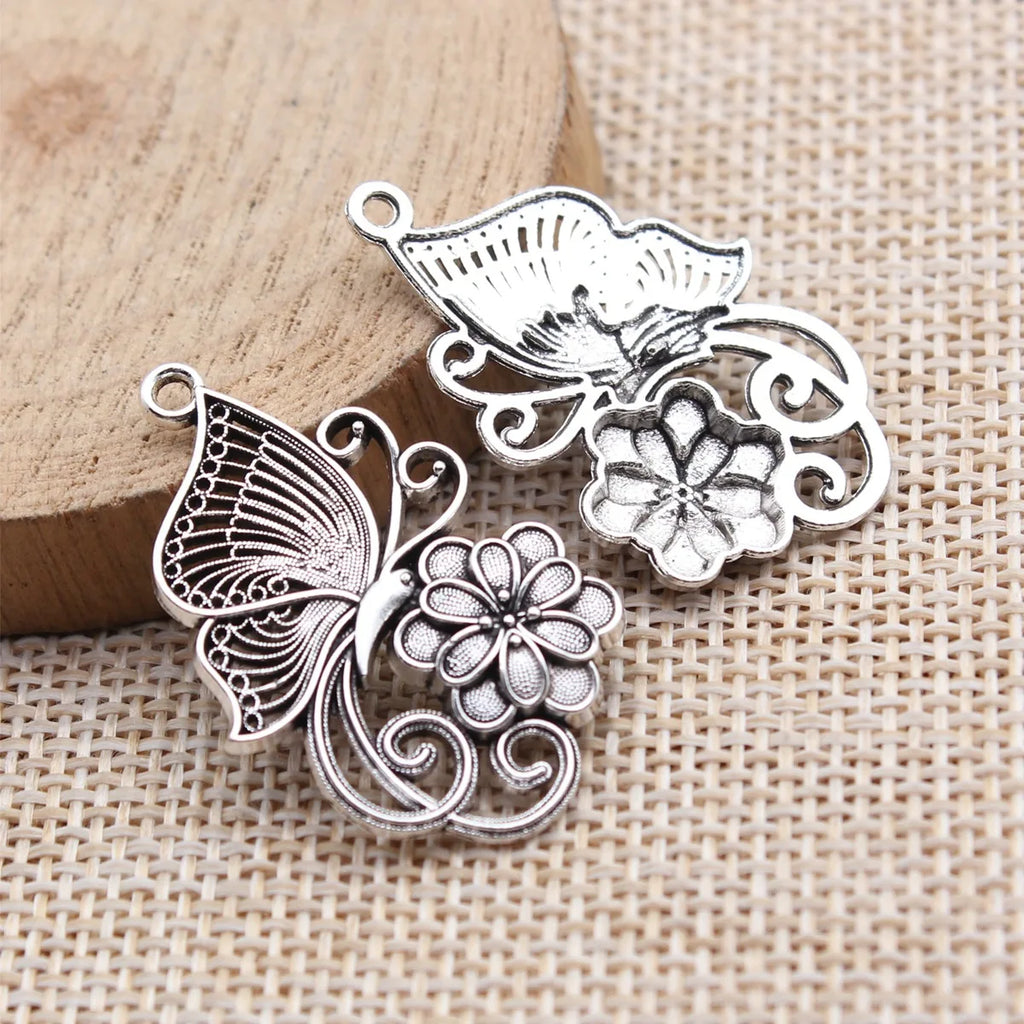 34x21mm 2.2g Antique Silver Zinc Alloy Chinese Style Butterfly Flower Charm Pendant for DIY Jewelry