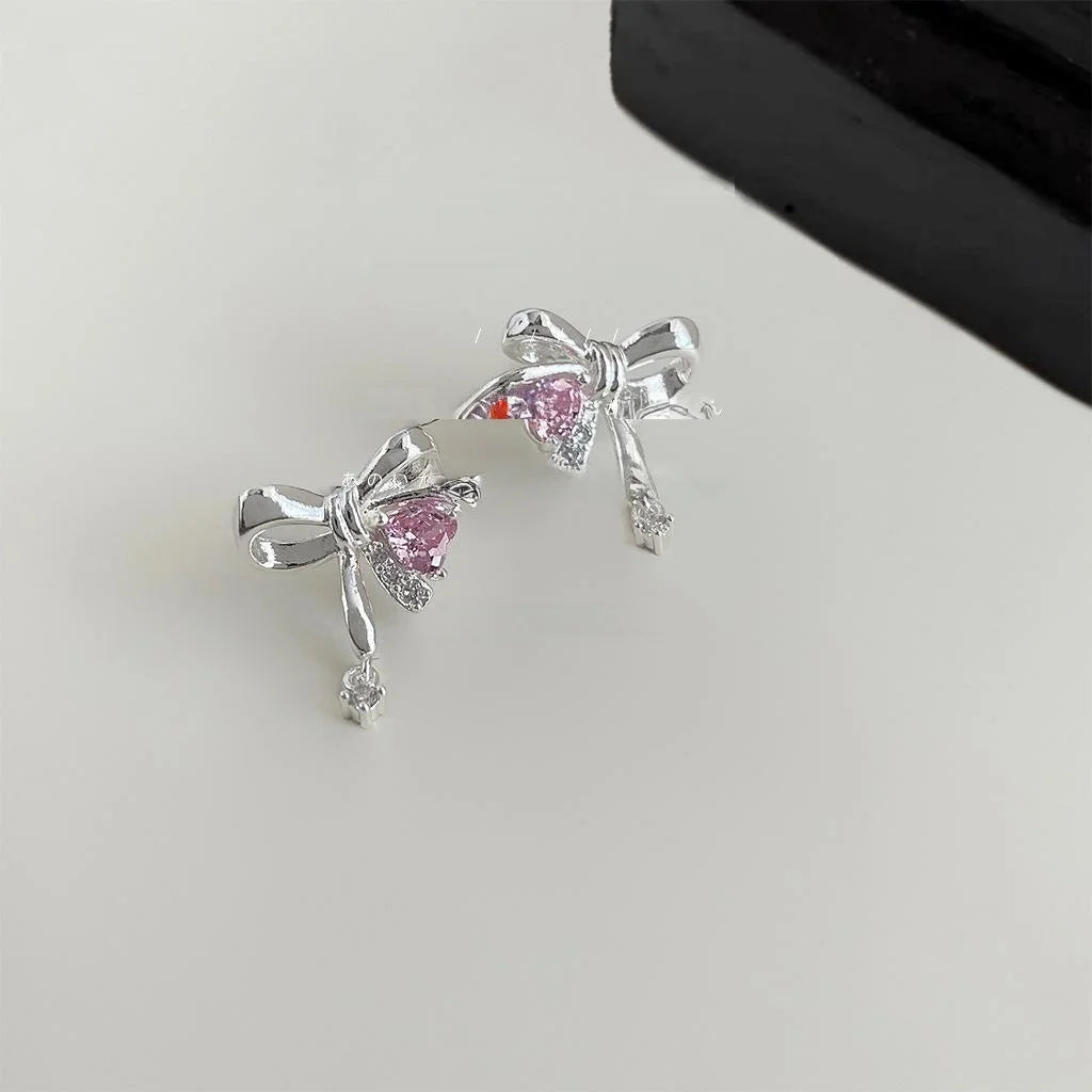 Sweet Cool Micro Pave Zircon Bow Heart Knot Stud Earrings Copper Fashion Jewelry