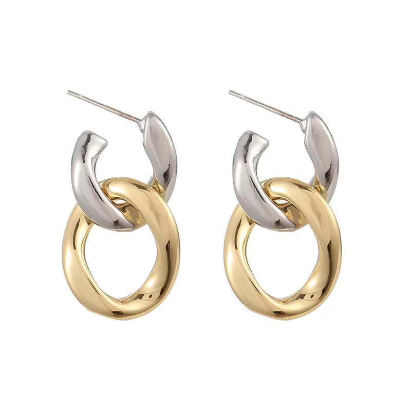 Elegant Two Tone Alloy Chain Hoop Stud & Clip On No Piercing French Style Interlocking Circle Earrings