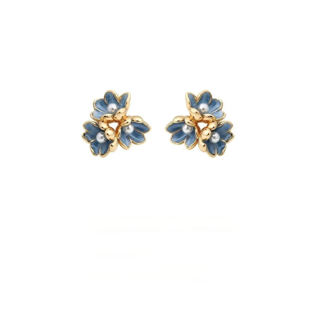 Blue Iris Flower Enamel Drip Glaze Copper Stud Earrings With Pearl