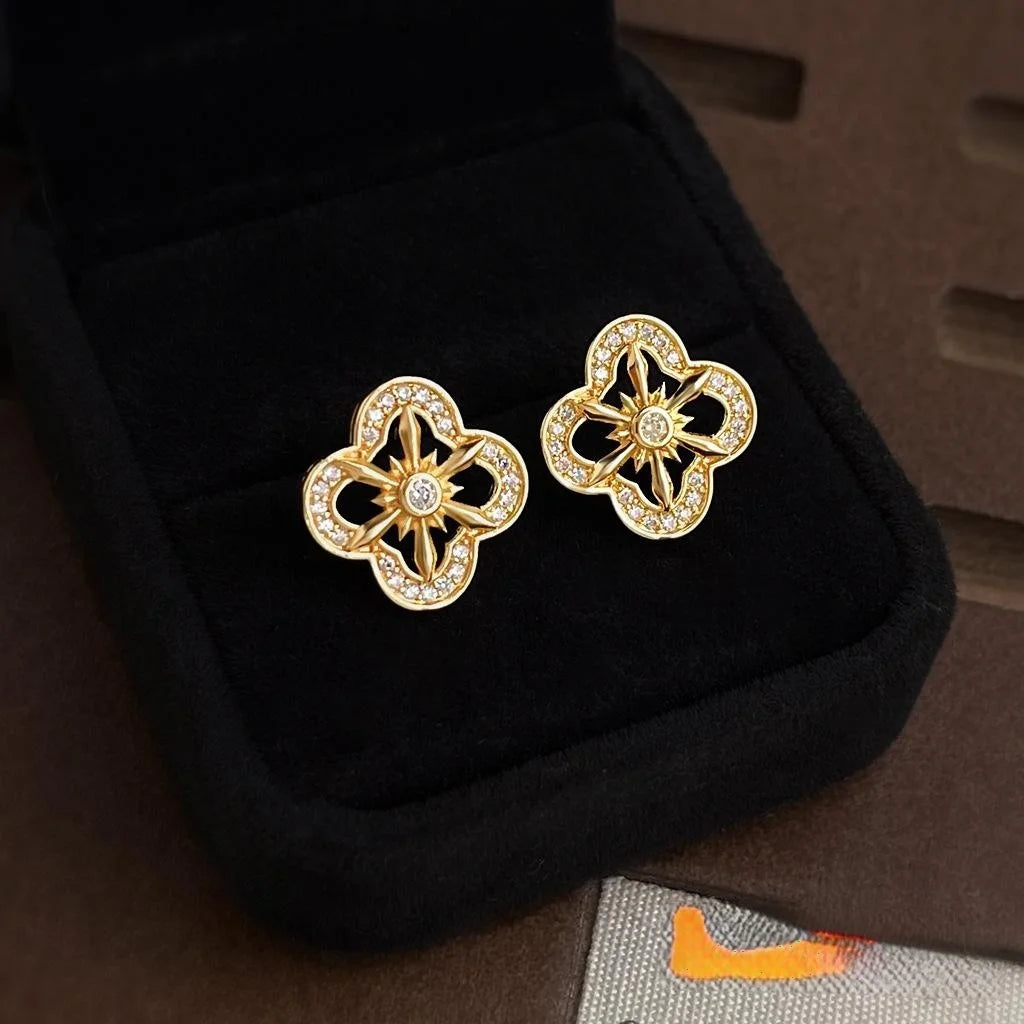 Light Luxury Floral Zircon Micro Pave Copper Stud Earrings For Women