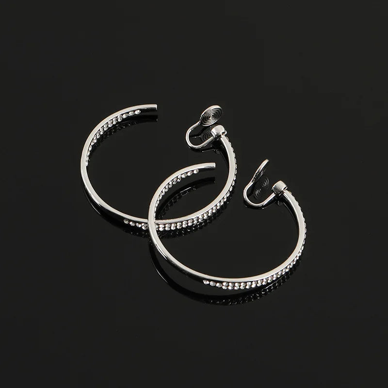 Luxury Rhinestone Spiral Coil Large Hoop Women's Stud & Clip On No Piercing Silver Alloy Earrings
