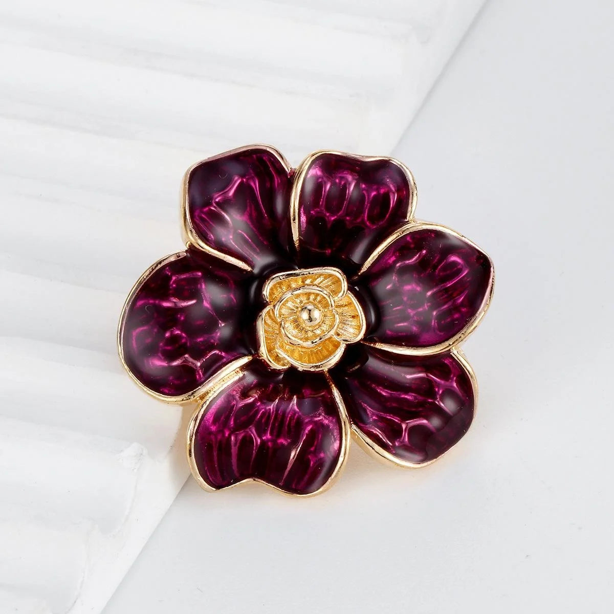 Elegant French Style Enamel Camellia Flower Brooch, Gold Tone Alloy Lapel Pin Corsage Suit Accessory Gift
