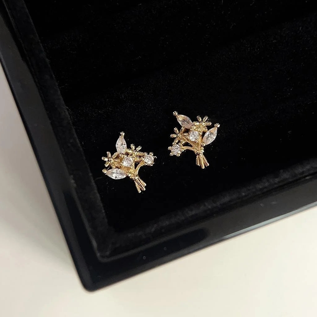 Micro Pave Zircon Floral Bouquet Copper Stud Earrings Simple Vintage Sweet Small Jewelry