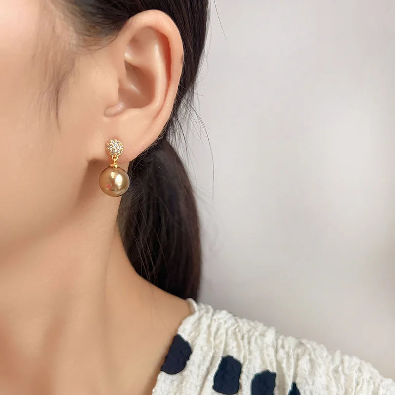Elegant Brown Pearl Drop Zircon Spiral Stud & Clip On No Piercing Luxury Fashion Earrings