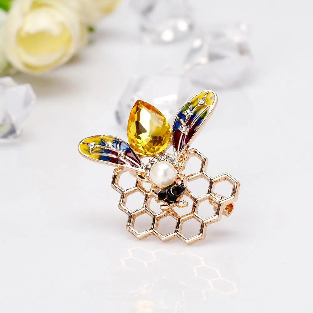 Luxury Enamel Bee Honeycomb Brooch With Pearl Rhinestone Alloy Lapel Pin Corsage Gift For Women
