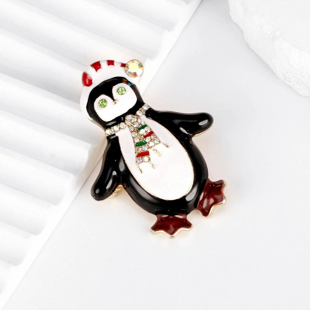 Cute Christmas Penguin Enamel Brooch With Rhinestone Scarf, Festive Animal Lapel Pin Corsage Gift
