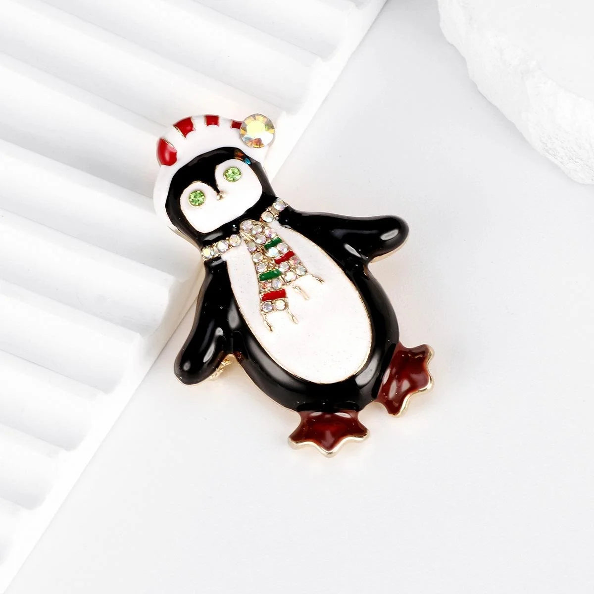 Cute Christmas Penguin Enamel Brooch With Rhinestone Scarf, Festive Animal Lapel Pin Corsage Gift