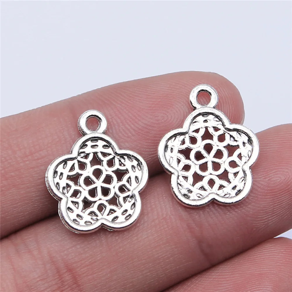 16x19mm 1g Antique Silver Zinc Alloy Hollow Flower Charm Pendant for DIY Jewelry Making