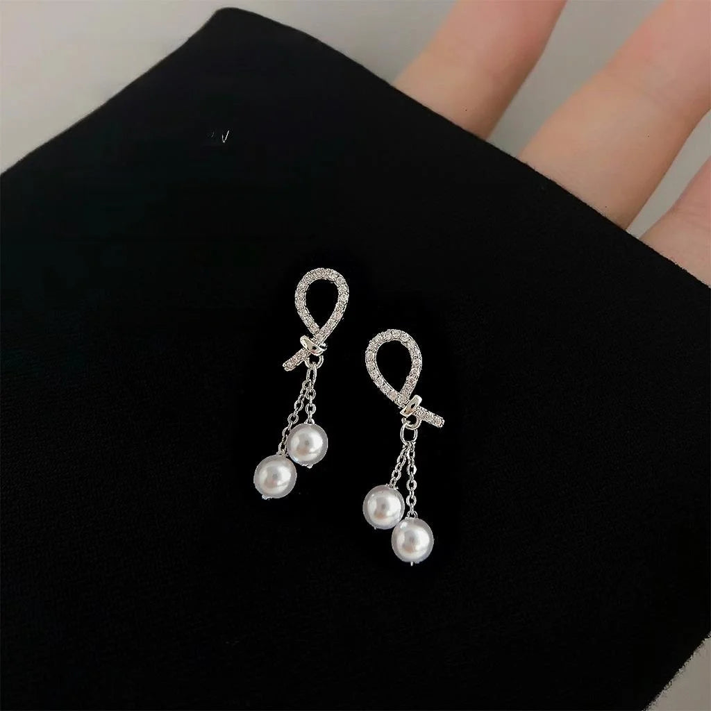 Light Luxury Copper High Luster Pearl Micro Pave Zircon Knot Tassel Drop Earrings