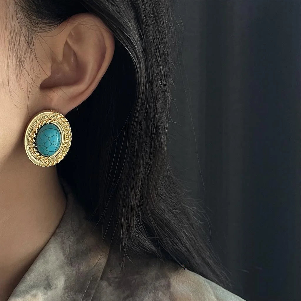Vintage Artistic Oval Geometric Matte Copper Synthetic Turquoise Drop Earrings