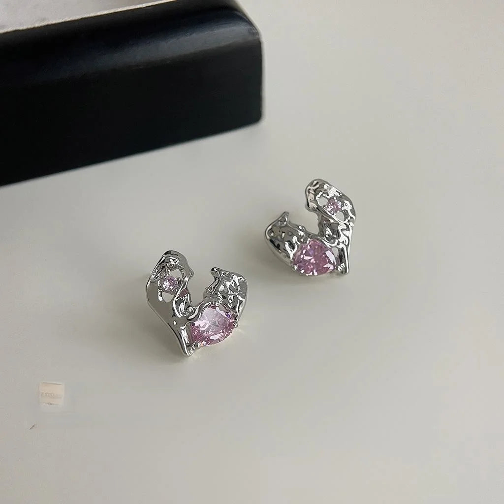 Sweet Cool Liquid Heart Micro Pave Zircon Copper Stud Earrings