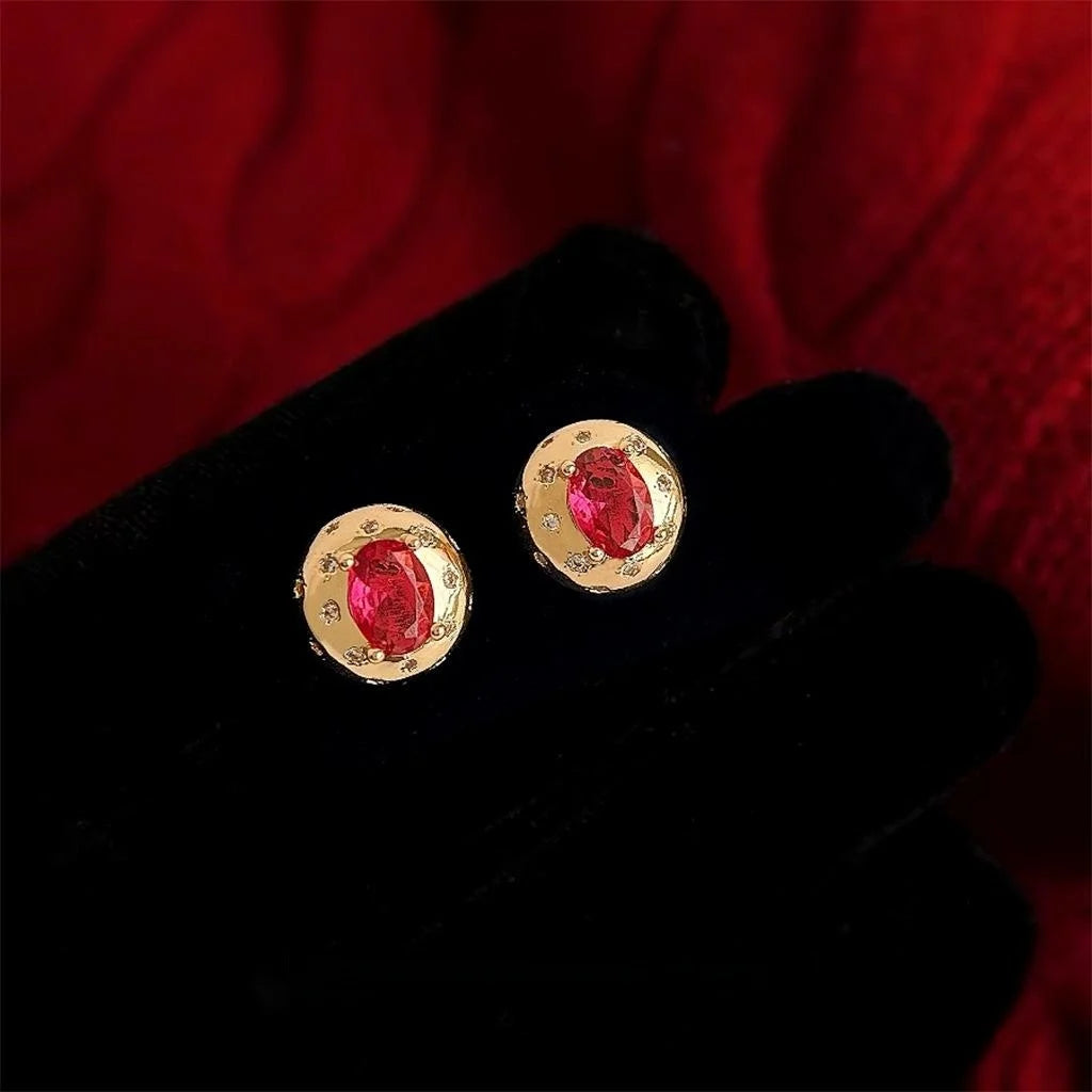 14K Plated Copper Rose Red Zircon Stud Earrings French Vintage Court Geometric Oval Design