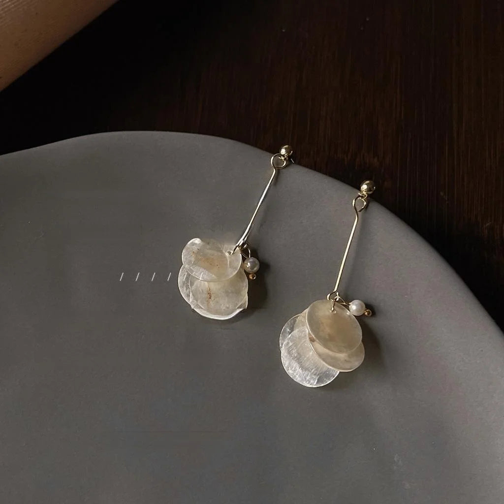Handmade Original Designer Copper Shell Tassel Geometric Stud Earrings French Minimalist Fairy Style