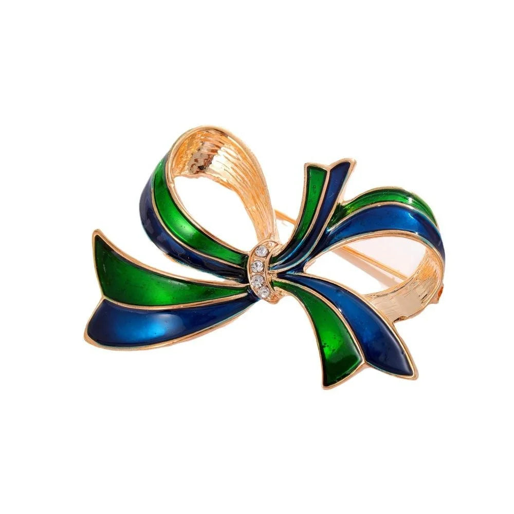 Vintage Blue Green Enamel Bow Brooch With Rhinestone Accent, Elegant Alloy Lapel Pin Suit Accessory Gift