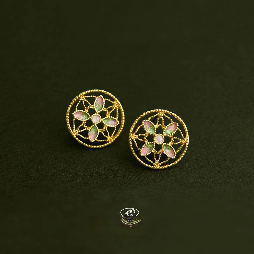 Original Chinese Style Enamel Painted Lotus Copper Stud Earrings With Silver Plated Pins