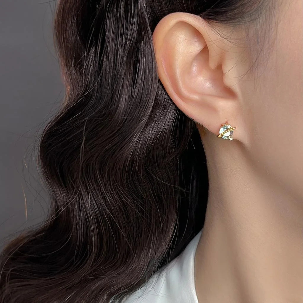 Chic Eco Copper Aquamarine Zircon Saturn Planet Round Stud Earrings For Women
